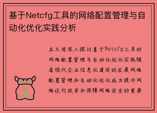 基于Netcfg工具的网络配置管理与自动化优化实践分析
